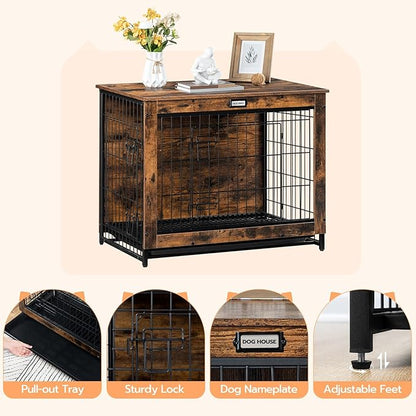 Dog Crate Furniture, 25.5" Small Dog Kennel Indoor, Wooden Cage with Pull-Out Tray, Double Doors Pet House Side End Table for Small/Medium Dogs, Rustic Brown BF642GW03G1