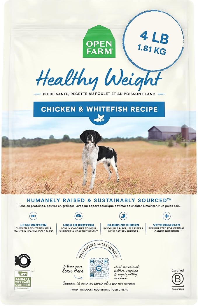 Open Farm, Healthy Weight Dog Food, Veterinarian Formulated High-Protein & Low-Calorie Dry Dog Food for Weight Management, Supports Metabolism & Mobility, Chicken & Whitefish Recipe, 4lb Bag