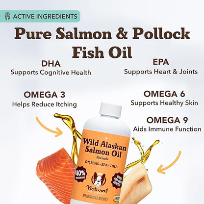 Natural Dog Company Wild Alaskan Salmon Oil Formula with Omega 3, Fish Oil for Dogs Supplement, Skin & Coat Dog Oil, Itchy Relief, Immune Support for Joints & Heart, Food Topper, 8 oz.