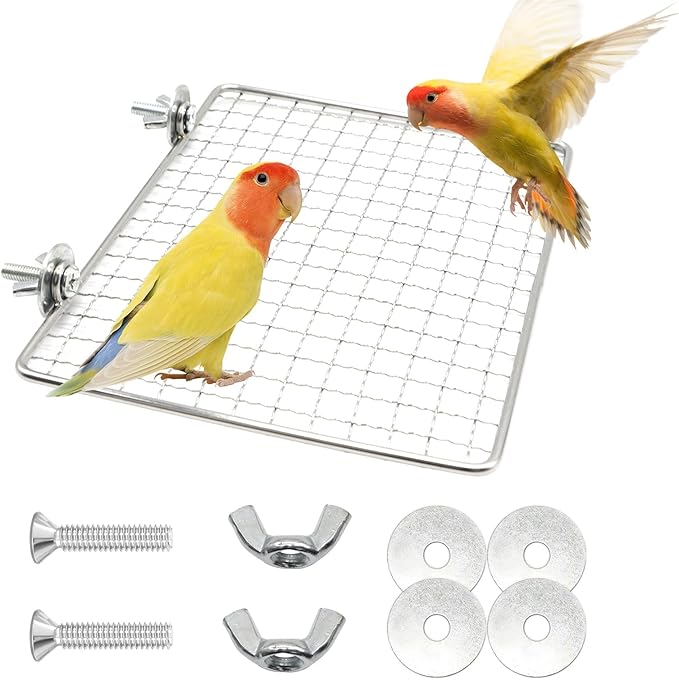 Stainless Steel Bird Perch Platform for Cage, Open-Grid Parrot Perch Stand, Easy Clean and Claw-Friendly Resting Shelf, Bird Cage Accessories for Small Medium Birds Like Parakeets, Budgie, Cockatiel