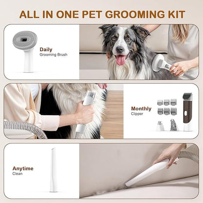 Dog Grooming Vacuum, Dog Grooming Kit with Pet Clipper Nail Grinder, 3 Suction Modes Dog Brush Vacuum with 6 Pet Grooming Tools (Brown)