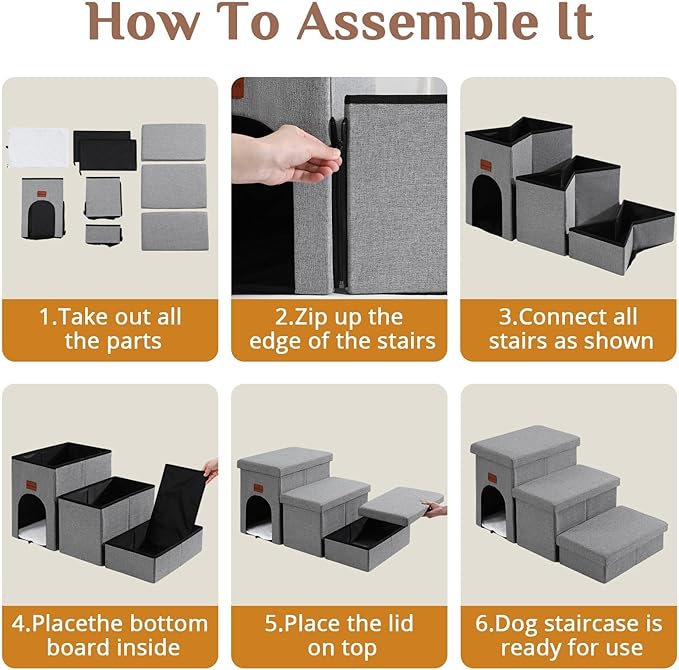 JOLLYVOGUE Dog Steps for Small Dogs, Cat Stairs with Storage, Non-Slip Dog Steps for Beds Couches, Foldable Pet Stairs Helper for High Beds, Dog Ramp for Small Cats, 3-Tiers, Hold Up to 200 lbs