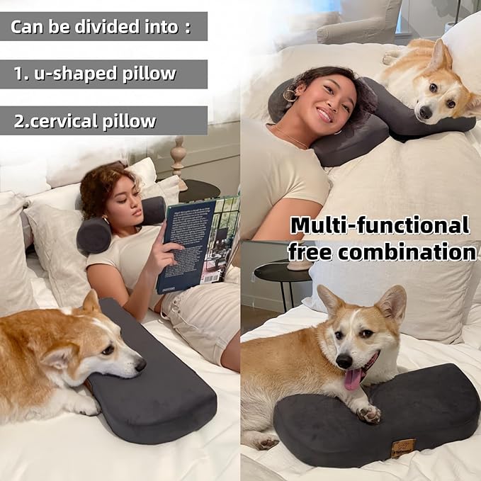 Dog pillow suitable for large dogs, multi-functional for people and pets, beneficial for cervical spine / neck, portable U-shaped pillow. Super soft high density soothing, improves joints(Gray,Large)