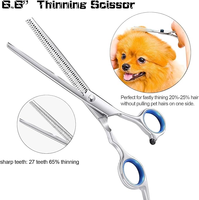 Dog Scissors - 6 in 1 Pet Grooming Set, Curved Tips, Blue