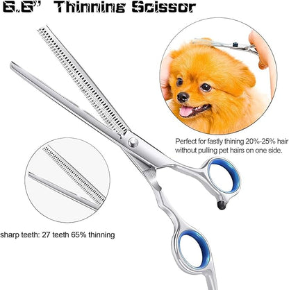 Dog Scissors - 6 in 1 Pet Grooming Set, Curved Tips, Blue