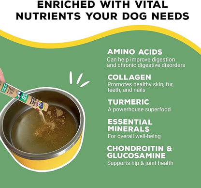 Brutus Bone Broth for Dogs - Bone Broth Powder with Chondroitin Glucosamine & Turmeric - Human Grade Dog Food Toppers for Dry Food & Picky Eaters - 10 Stick (Chicken)