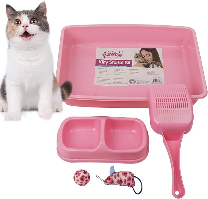 PAWISE Small Cat Litter Box, Kitten Litter Box Starter Kit, Low Entry Baby Kitten Training Litter Box with Scoop, Bowls,Cat Mouse Toy and Cat Ball Toy,First Catty Owner Essentials(Pink)