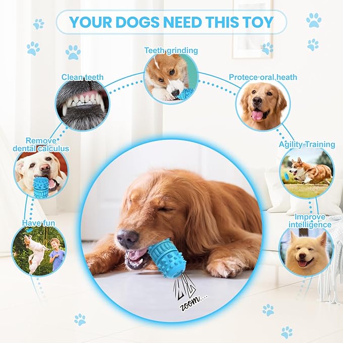 PIFFZEDO Dog Toys for Aggressive Chewers Tough Dog Squeaky Toys for Large Medium Breed Interactive Durable Natural Rubber Dog Chew Toys Dog Birthday Toy Dog Toothbrush(Azure,Large)
