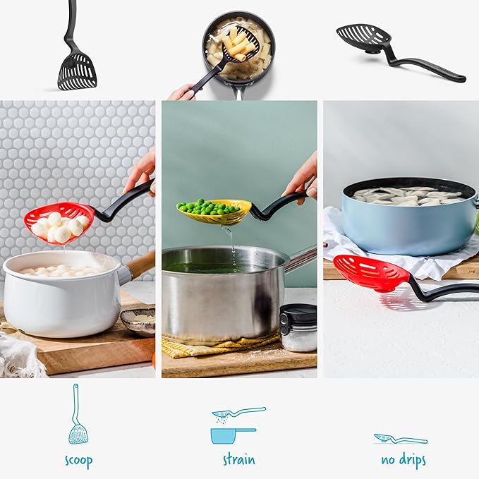 Dreamfarm Lestrain 2-in-1 Drip-Catching Sit-Up Slotted Cooking Spoon Scoop & Strainer - 11" Black