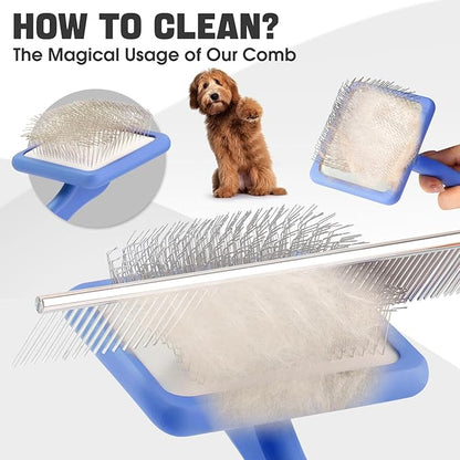 Dog slicker Brush for Dogs Grooming Kit 4PCS | Large Dog Brush for Goldendoodles Poodles Doodles | Long Pin Haired Brush | Dog Bath Brushes Flea Comb(Blue)