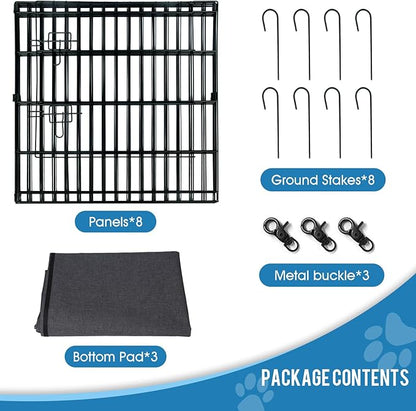 Dog Pen Pet Playpen Dog Fence Indoor Foldable Metal Wire Exercise Puppy Play Yard Pet Enclosure Indoor Outdoor 8 Panels 24 Inch with Bottom Pad/Top Cover (Black with top Cover)