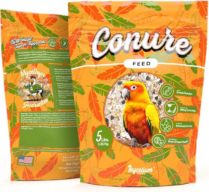 Mycelium Conure Feed (5 LB Bag) | Certified Organic, Non‑GMO Conure Food | Natural, Filler‑Free Bird Seed with Hulled Grains | Supports Brain, Heart & Digestive Health | Made in USA