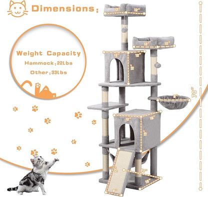 Cat Tree, 70-Inch Cat Tree Tower with Hammock, Scratching Post, Condo and Multi-Level Cat Tower, Large Cat Activity Center Playhouse, Light Gray LCT015
