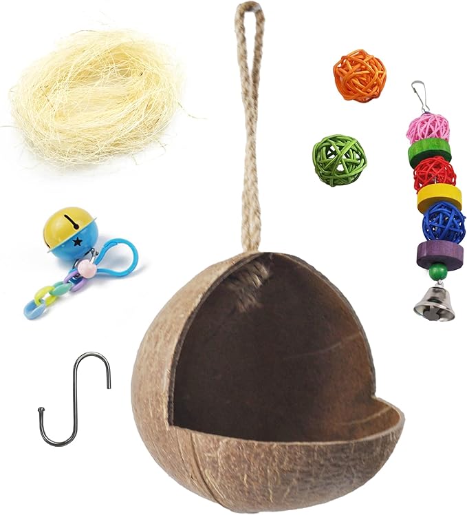 Natural Coconut Bird Nest,Hanging Coco Birds House Habitats Decor,Parrots Coconut Shell Nest Hideout with Grinding Beak Toys,Bird Cage Accessories Coconut for Canary Lovebird Cockatiel