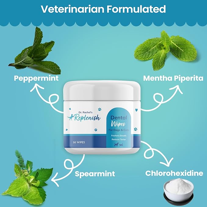 Replenish Dental Wipes for Dogs and Cats - Dog Teeth Cleaning Wipes - Pet Dental Finger Wipes for Dogs – Easy to Use Gentle Pet Dental Wipes - Effective Dog Teeth Cleaner - 50 Count
