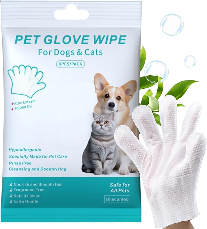 Pet Cleaning Glove Wipes for Dogs & Cats, Cleaning and Deodorizing Disposable Bathing Wipes for Fur, Paws and Butt, Hypoallergenic Unscented, 6 PCS
