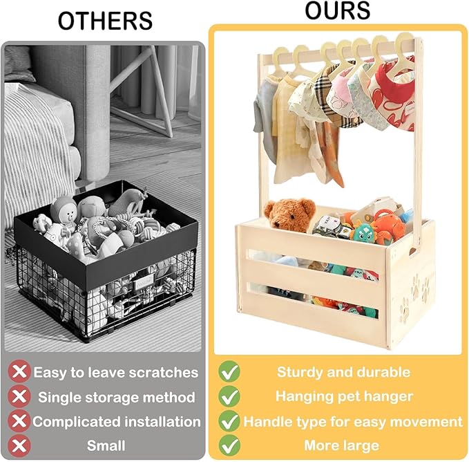 25" x 17" x 12" Wooden Pet Wardrobe Closet,Puppy Toy Basket with Hanging Rods,Pet Clothes Rack for Dog Organization and Storage,Wooden Crate for Dog/Cat Closet,Perfect for Toys Clothes and Accessories