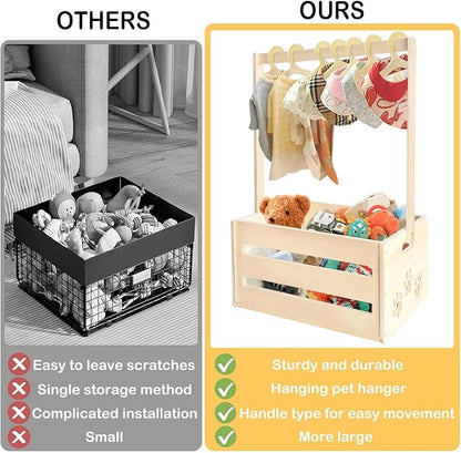 25" x 17" x 12" Wooden Pet Wardrobe Closet,Puppy Toy Basket with Hanging Rods,Pet Clothes Rack for Dog Organization and Storage,Wooden Crate for Dog/Cat Closet,Perfect for Toys Clothes and Accessories