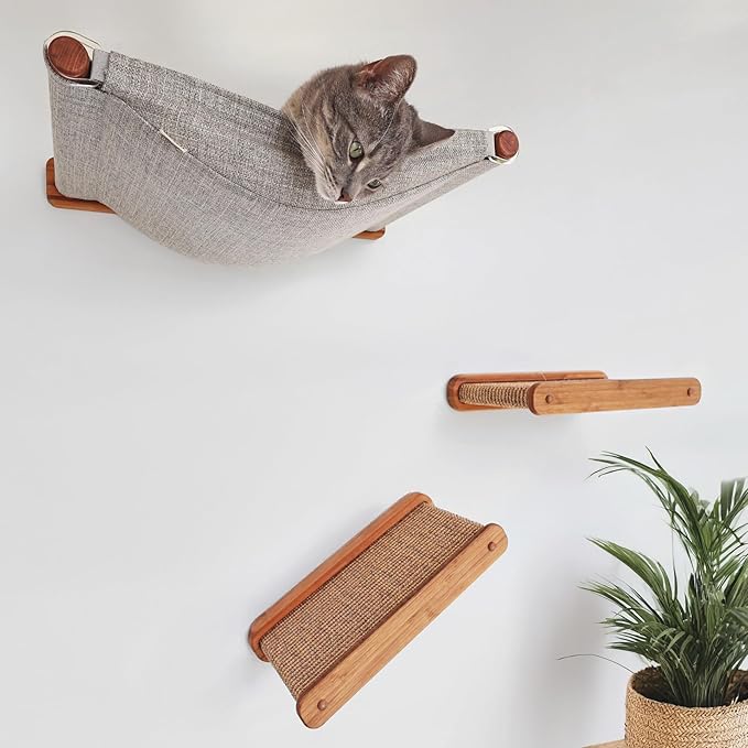 The Play Series – Wall-Mounted Cat Hammock & Two Sisal-Wrapped Shelves – Built for Climbing, Lounging, Scratching, and Play – for Playful, Happy Cats – Modern Bamboo Cat Furniture