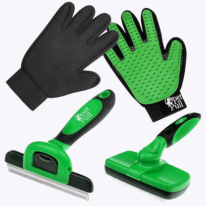 Complete Professional Pet Grooming Kit with Pet Hair Removal Tool brush Gloves, Self-Cleaning Slicker Brush, and Pro Grooming Dog Brush Deshedder Comb to Reduce Shedding (Green)