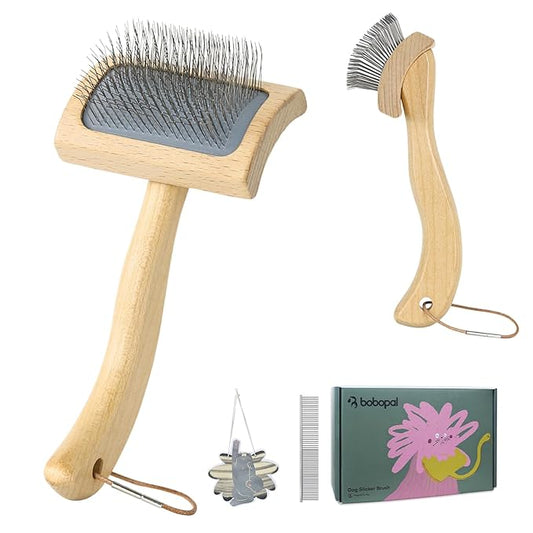 Dog Slicker Brush for Shedding,Dog Brush for Long Haired Dogs & Remove Tangles & Mats,Ergonomic Handle Grooming Like Professional,Beech Wood,S