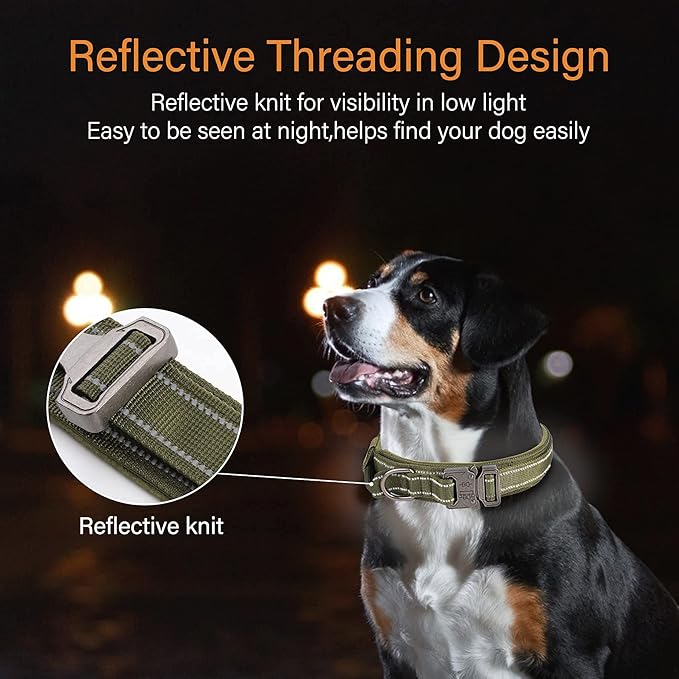 KCUCOP Tactical Dog Collar, Heavy Duty Dog Collar with Handle and Metal Buckle, Military Thick Dog Collars for Medium and Large Dogs(Green-L-Reflective, 1 Patch)