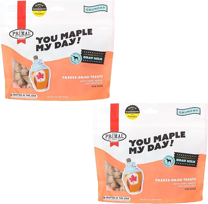 Primal Freeze Dried Dog Treats; Pork & Maple Dog Treats with Goat Milk for Dogs, You Maple My Day, Grain Free Training Treats for Dogs with Probiotics, 2 oz (Pack of 2)