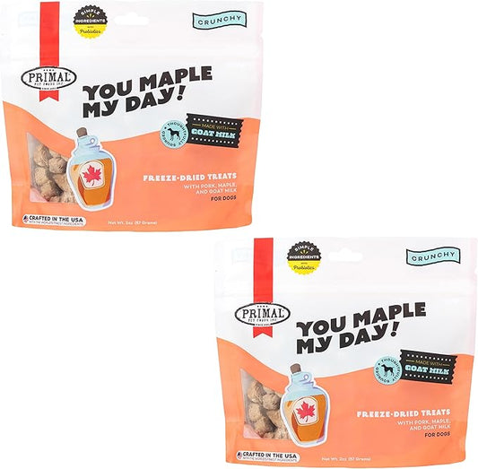 Primal Freeze Dried Dog Treats; Pork & Maple Dog Treats with Goat Milk for Dogs, You Maple My Day, Grain Free Training Treats for Dogs with Probiotics, 2 oz (Pack of 2)