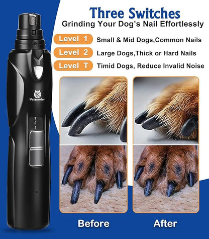 Dog Nail Grinder, Dog Nail Trimmers and Clippers Kit, 2-Speed and LED Light, Powerful Touch-Switch, Quiet and Low-Vibration Pet Nail Trimmers for Large Dogs, Medium, Small Dogs Cats Pets