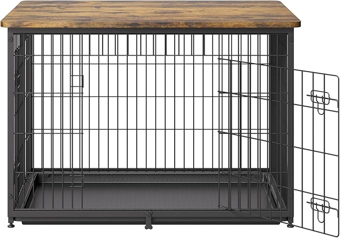 VEVOR 38" Dog Crate Furniture With Double Doors, 2-in-1 Decorative Wooden Kennel End Table, Removable Tray, Holds up to 70 lbs for Small, Medium Dogs - Brown