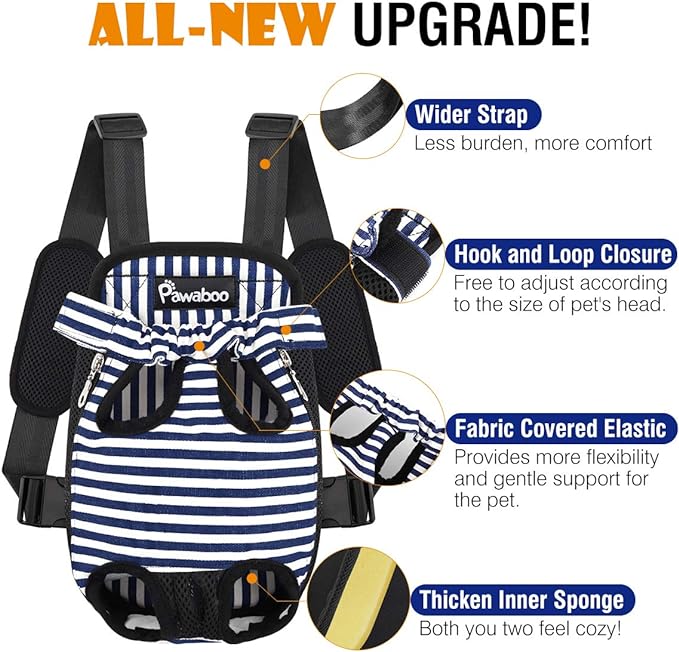 Pawaboo Pet Carrier Backpack, Adjustable Pet Front Cat Dog Carrier Backpack Travel Bag, Legs Out, Easy-Fit for Traveling Hiking Camping for Small Medium Dogs Cats Puppies, Small, Blue & White Stripes