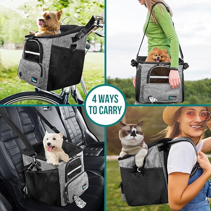PetAmi Dog Bike Basket, Soft-Sided Ventilated Dog Bike Carrier Backpack, Dog Pet Bicycle Basket for Bike Handlebar, Small Medium Puppy Cat Kitten Car Booster Seat with Safety Strap