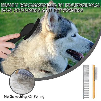 Dog Slicker Brush for Long Haired Dogs, Removes Loose Hair, Tangles and Knots, Professional Pet Grooming Kit, Ideal for Small Medium Large Dogs, Black, Free Pet Comb
