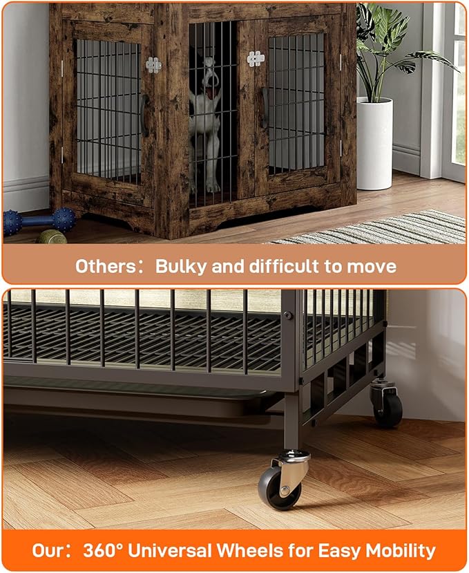 GAOMON 2024 New 27.2 Dog Crate Furniture, Heavy-Duty Wooden Large Dog Kennel with Removable Tray and Wheels, Double-Doors Dog Cage End Table, Modern Indoor Dog House for Small Dogs, Rustic Gray
