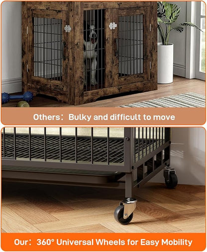 GAOMON 2024 New 32.5" Dog Crate Furniture, Heavy-Duty Wooden Dog Kennel with Removable Tray and Wheels, Double-Doors Dog Cage End Table, Indoor Dog House for Medium/Small Dogs, Rustic Gray