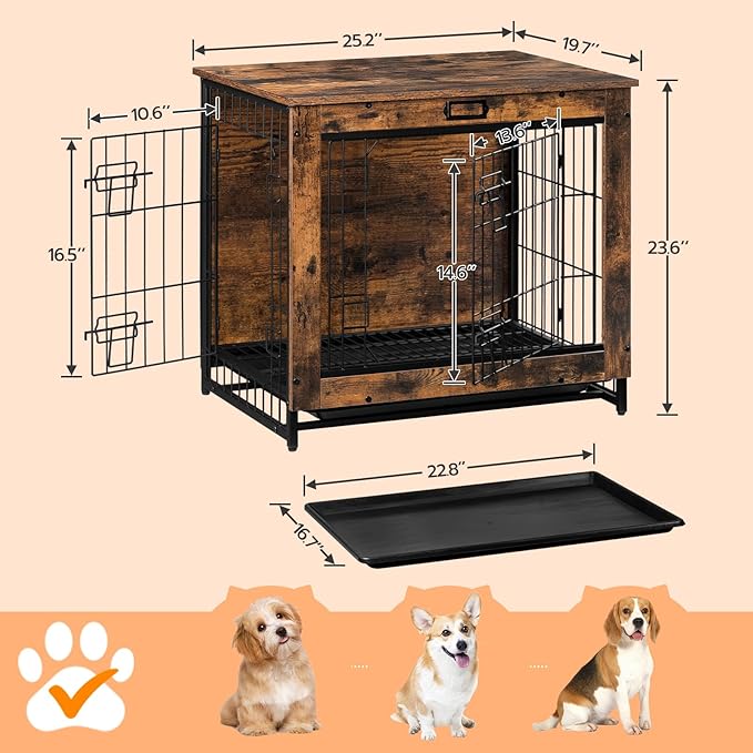 Dog Crate Furniture, 25.5" Small Dog Kennel Indoor, Wooden Cage with Pull-Out Tray, Double Doors Pet House Side End Table for Small/Medium Dogs, Rustic Brown BF642GW03G1