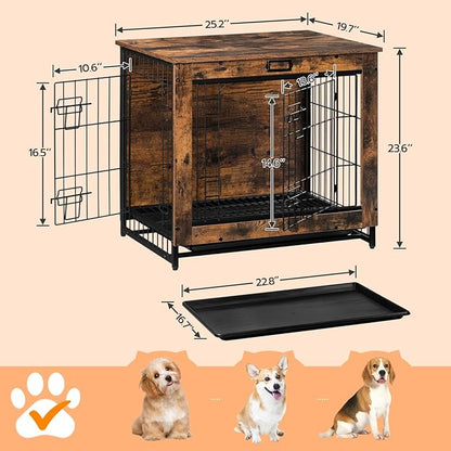 Dog Crate Furniture, 25.5" Small Dog Kennel Indoor, Wooden Cage with Pull-Out Tray, Double Doors Pet House Side End Table for Small/Medium Dogs, Rustic Brown BF642GW03G1