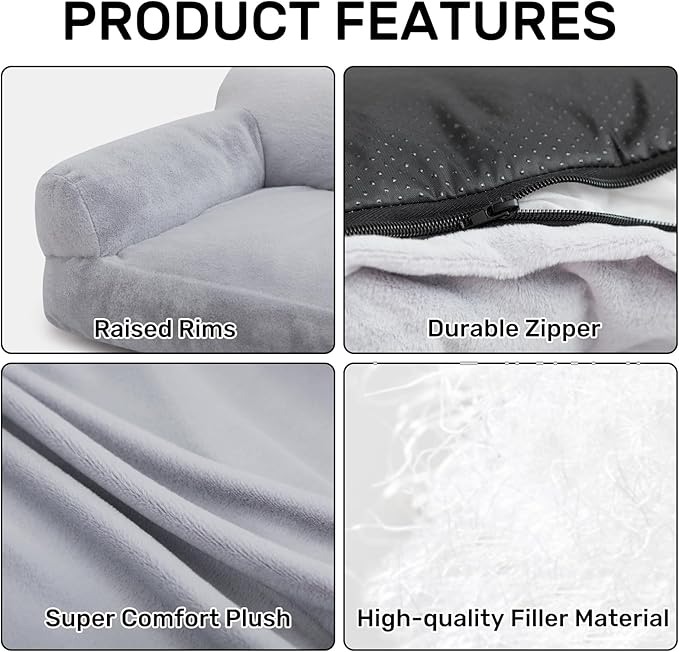 Hollypet Fluffy Plush Dog Cat Pet Couch Soft Calming Sofa Beds for Medium Small Cats and Dogs, Light Gray