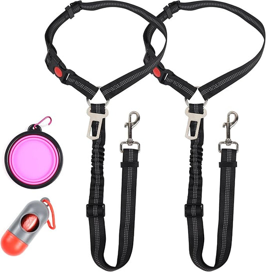 4-in-1 Removable Dog Seat Belt for Car: Adjustable Pet Car Harness, Retractable Dog Car Harness Seatbelt with Poop Bag and Dog Bowl, Restraint Secures to Vehicle Headrest, Black