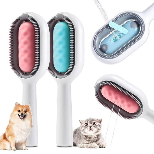4 in 1 Pet Hair Removal Comb with Gravity Water Tank, Cat Dog Massage Brush Self Cleaning Grooming Wet Comb for Shedding Fur (Short Hair, 2PCS)