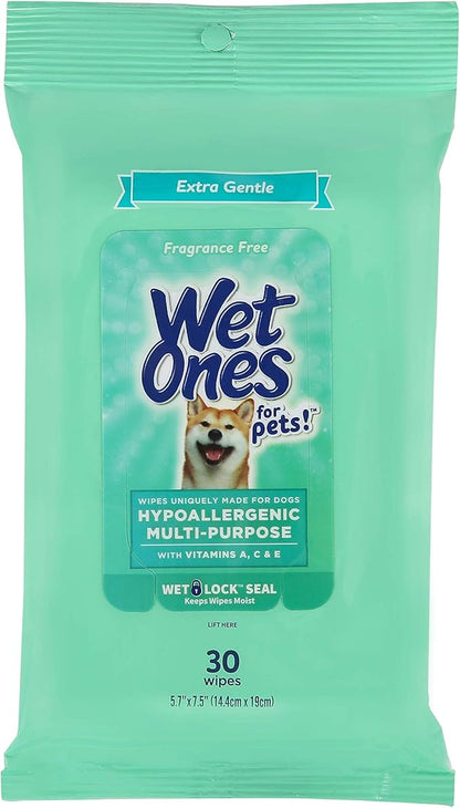 Wet Ones for Pets Hypoallergenic Multi-Purpose Dog Wipes with Vitamins A, C & E | Fragrance-Free Hypoallergenic Dog Wipes for All Dogs Wipes with Wet Lock Seal | 30 Count Pouch Dog Wipes