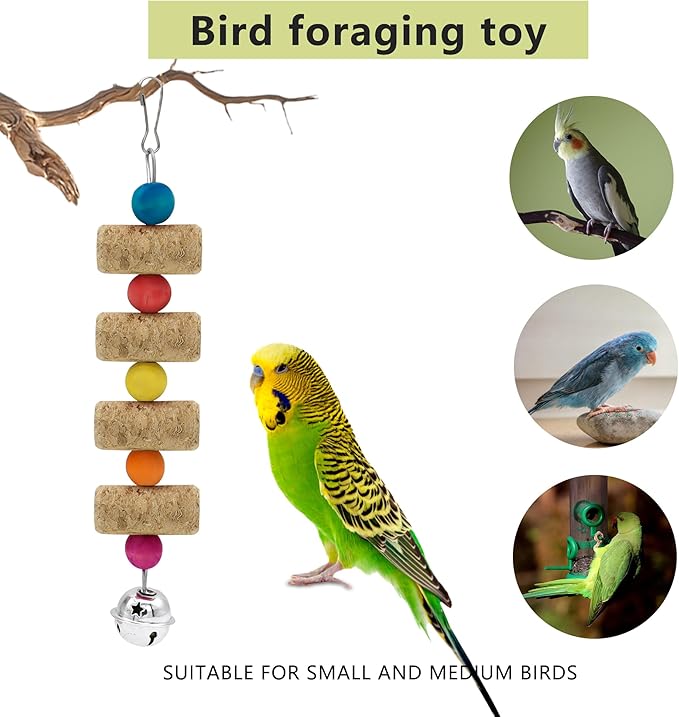 4Pcs Bird Chewing Toy, Parrot Cork Gnawing Skewers With Bell, Hanging Colorful Wooden Bead Cockatiels Beak Trimming for Birdcage (Four Packs-Bell Parrot Toy)