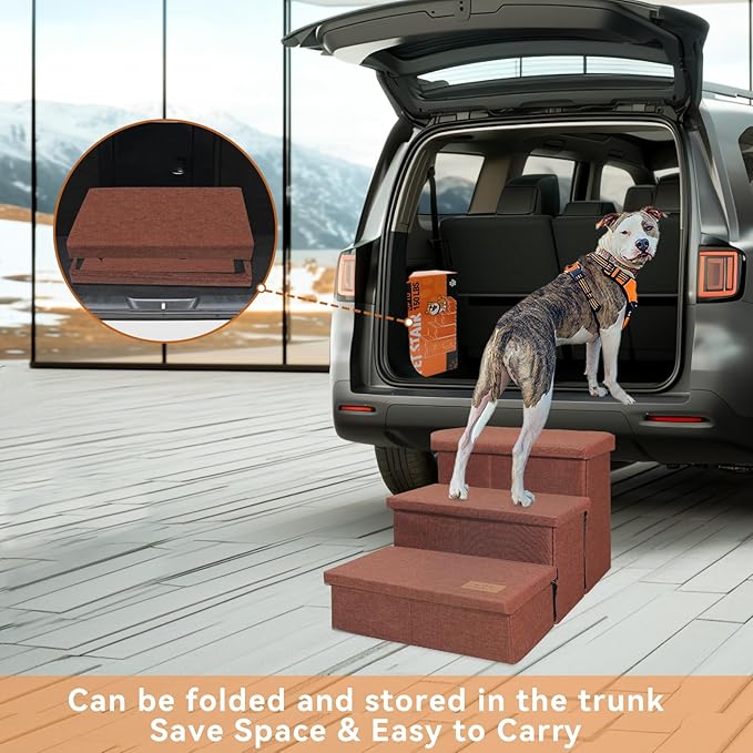Dog Stairs with Storage 17.5" H, 3-Step Wider Dog Steps for Small/Medium/Large Dogs Cats, Folding Sturdy Pet Stairs Climbing Bed or Sofa, Dog Ramp for Car Hold Up to 200 lbs (Brown, No Condo)