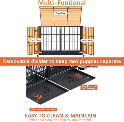aboxoo 48/42 inch XL Dog Crate for Large Dog/Double Medium Dogs,Heavy Duty Metal Dog Cages,All Metal Open Top,Dog Kennel Indoor with Wheels,Floor Grid, Tray, Divider and Feeding Bowl