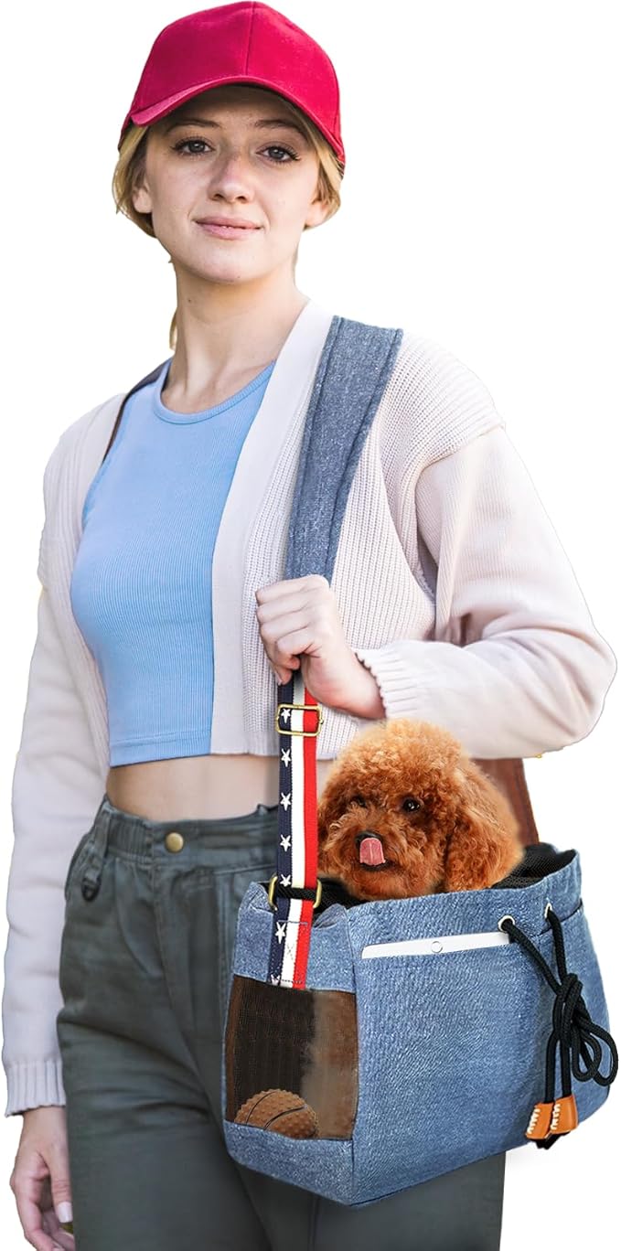 Dog Sling Carrier, Thick Padded Cat Carrier for Small Dogs Hands Free Large Interior Puppy Pet Sling Carriers with Breathable Mesh, Drawstring for Outdoor Travel, Supermarkt Bag