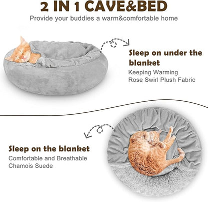 JOEJOY Dog Beds for Small Medium Dogs, Cozy Cuddler Luxury Puppy Pet Bed with Blanket Attached, Donut Round Calming Anti-Anxiety Dog Burrow Cave Bed - Anti-Slip Bottom and Machine Washable 26 inch
