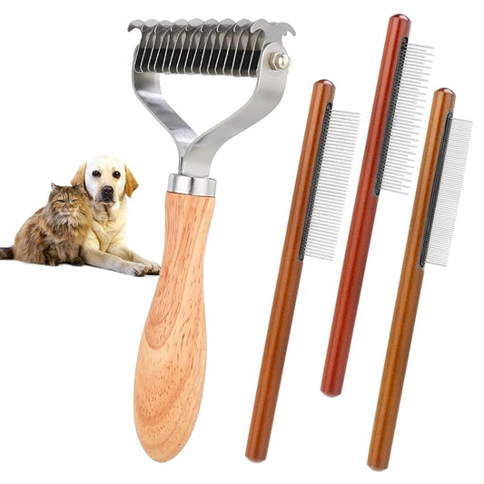Pet Dematting Comb for Dogs,Cats.Pet Undercoat Rake with Stainless Steel Blades for Knot Removal and Shedding Control.Cat Brush for Shedding Dematting with Wood Handle.