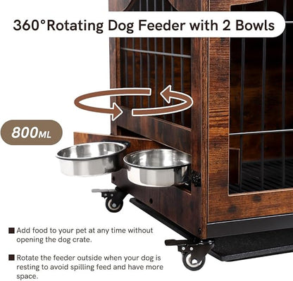 Snowtaros Dog Crate Furniture with 360° Rotatable Hidden Bowls, Heavy Duty Wooden Dog Kennel with Double Doors, Dog Cage End Table Indoor with Removable Tray Swiveling Wheels for Small Medium Dogs