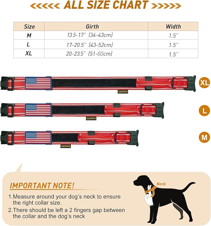 AUBELL Reflective Dog Collar, Tactical Dog Collar Military Dog Collar Adjustable Nylon Dog Collars with Handle and Heavy Metal Buckle Great for German Shepherd, with Airtag Case and Patches(Red, M)