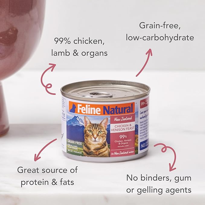 Feline Natural Wet Cat Food Pate, Chicken & Venison Feast, 6 Oz Cans (Pack of 12), Grain Free, Made in New Zealand with Cage-Free Chicken and Grass-Fed Venison